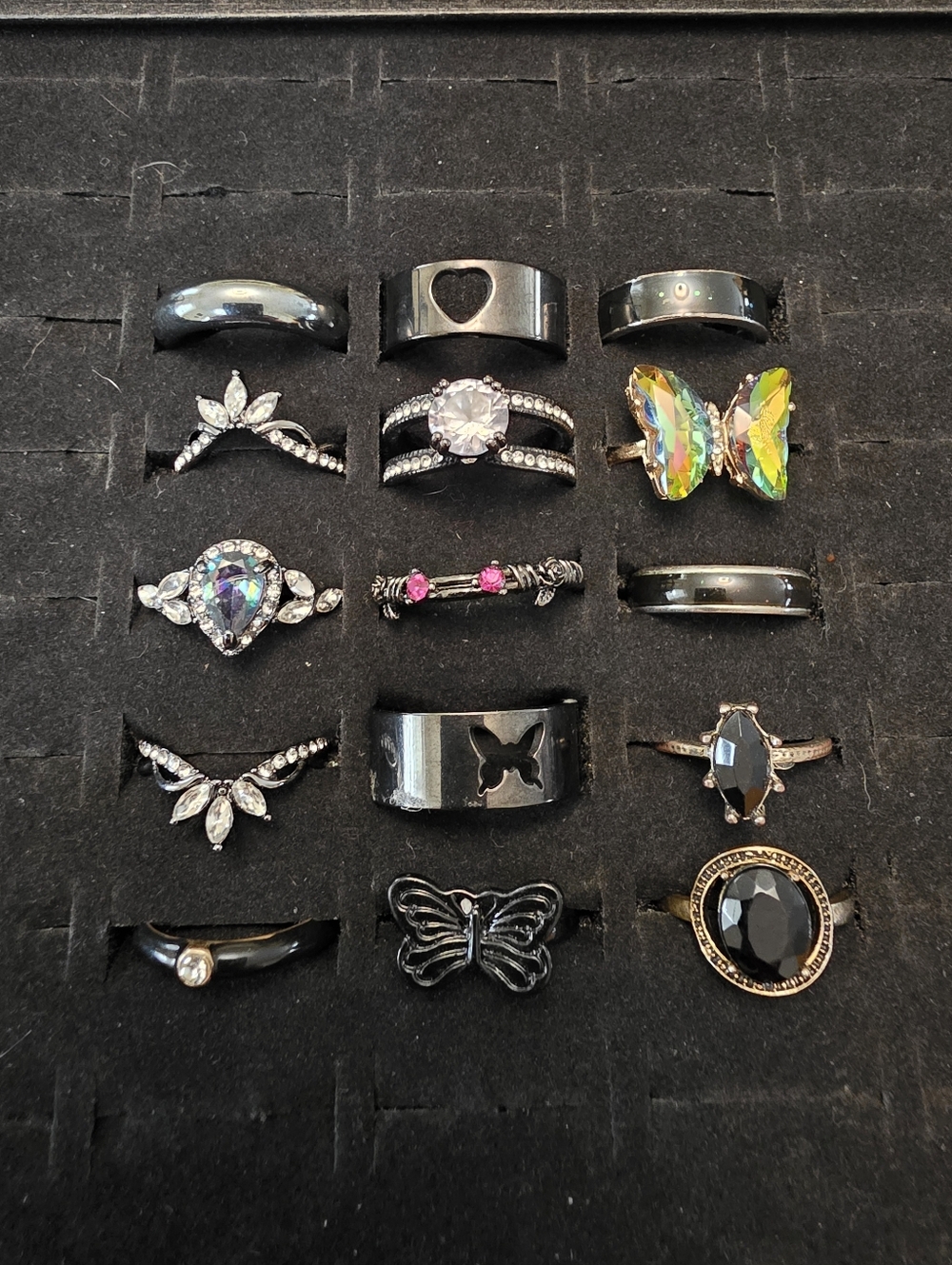 15 Piece Goth Core Fairy Core Black Toned Ring Lot